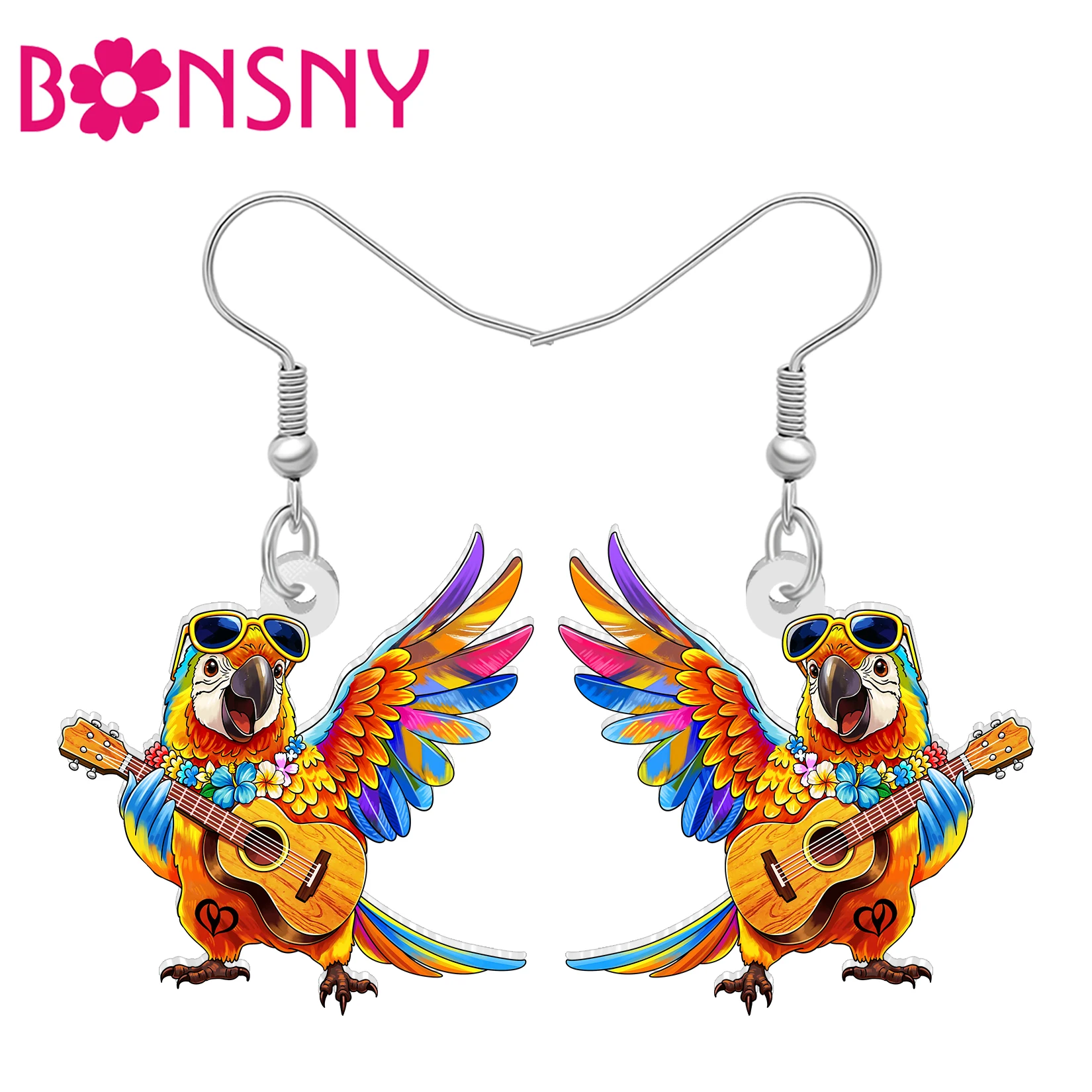 BONSNY Acrylic Musical Macaw Parrot Dangle Earrings Fun Hawaii Tropical Birds Summer Jewelry Gifts for Music Lovers Women Girls
