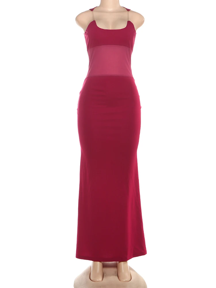 فساتين طويلة بحزام كتف شفاف من Kliou للسيدات بياقة على شكل حرف U بدون أكمام مرقعة بخصر عالٍ لحفلات أعياد الميلاد فساتين ضيقة أنيقة