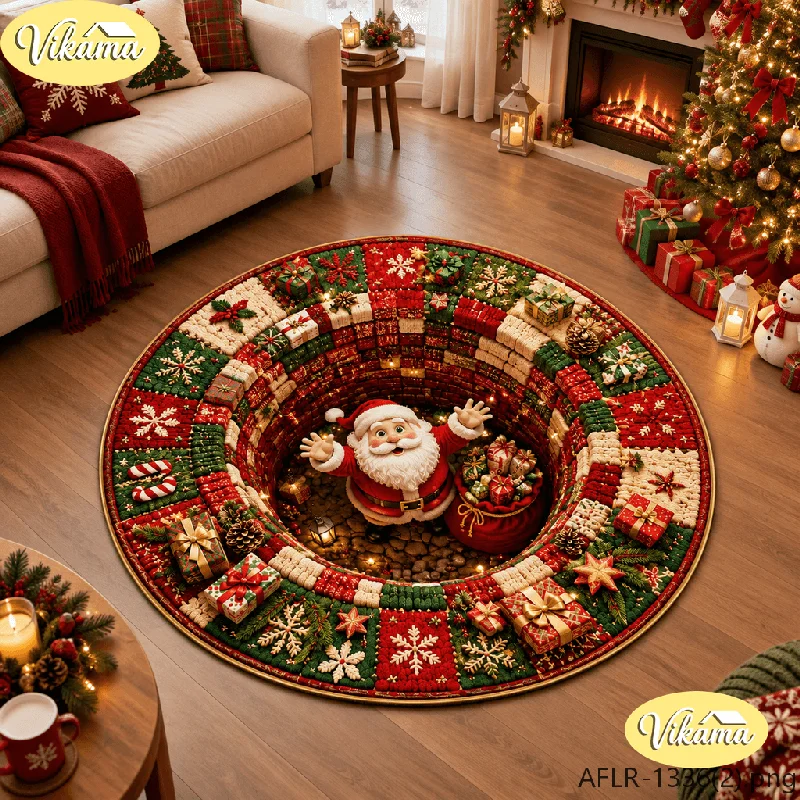 VIKAMA Round Christmas Rug Santa Peeking Chimney Print, Soft Plush Flannel Non-Slip Mat for Home Holiday Decor