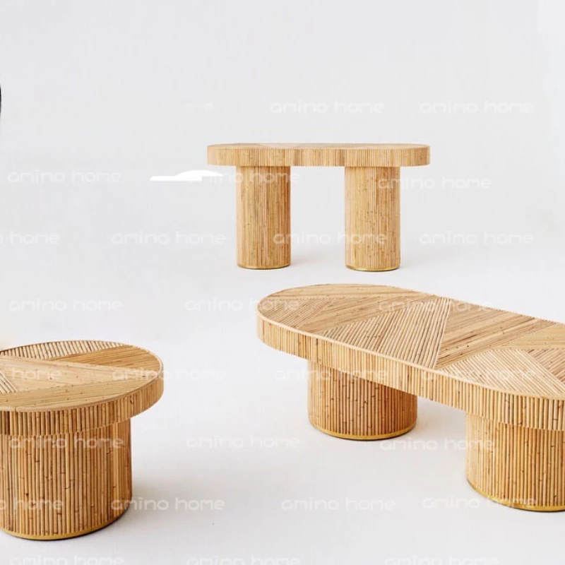 Creative B&B: bamboo and rattan round coffee table, several oval wooden small tea handmade