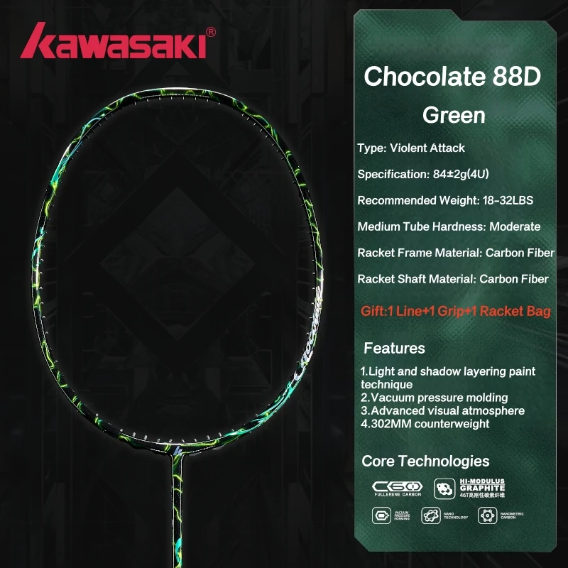 Kawasaki CHOCOLATE 88D Badminton Racket 4U Krachtige Smash 18-32LBS Head Zware badmintonracket