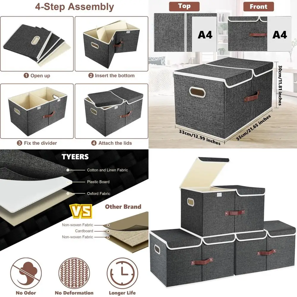 

Large Collapsible Fabric Storage Bins with Lids and Sections, Washable, 3 Pack, Black