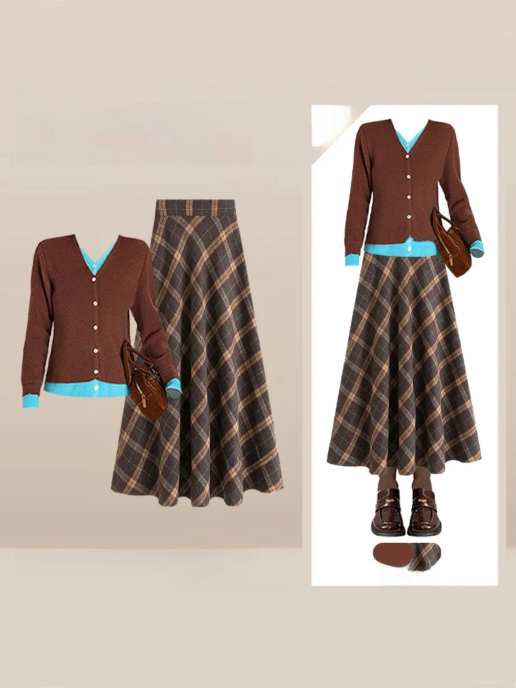 

Large Size Knitted Cardigan And Plaid Skirt Two-Piece Set for Women Winter Faion High Waist Midi Skirt round Ne Long...
