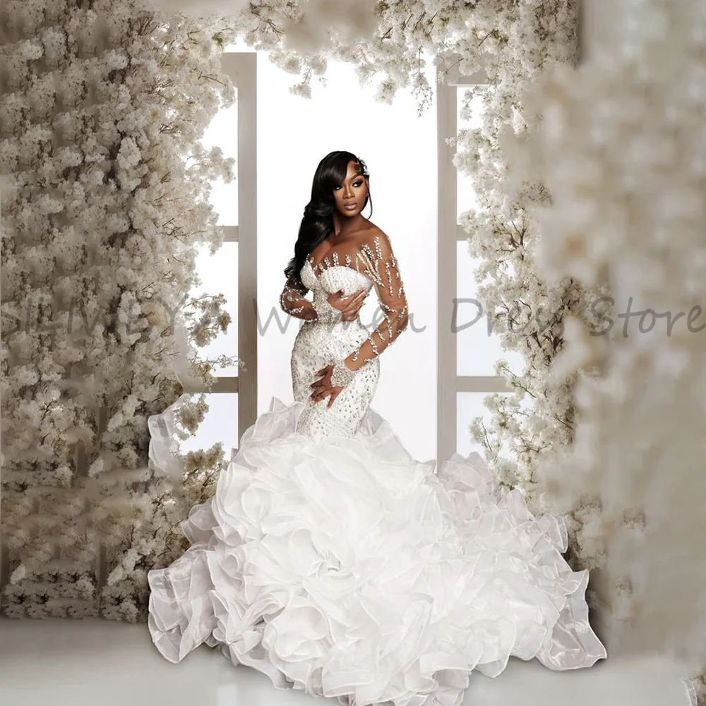 Luxury Women Wedding Dresses With Sequin Beads Sweetheart Mermaid Bridal Handmade Custom Made Ruffles Trailing Vestidos de novia