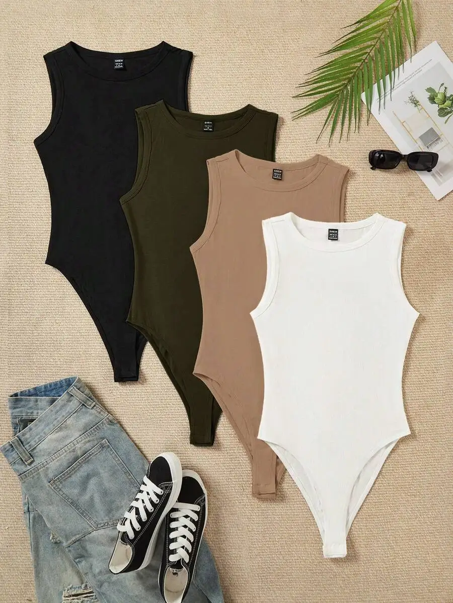 

4-Pack Women's Round Neck Sleeveless Bodycon Bodysuits - Black, Olive, Beige, White