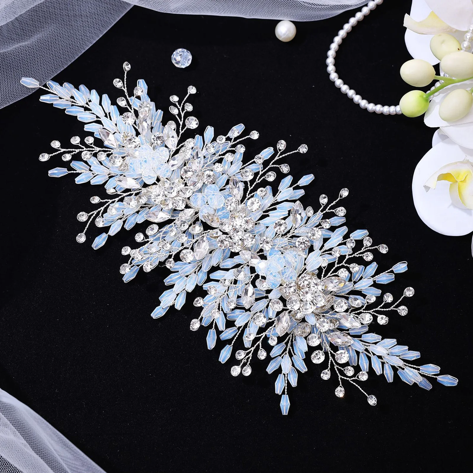 

Handmade Bridal Hairband with Rhinestone Blue Elegant Headpiece for Weddings Evening Events Brides Hair Accessories