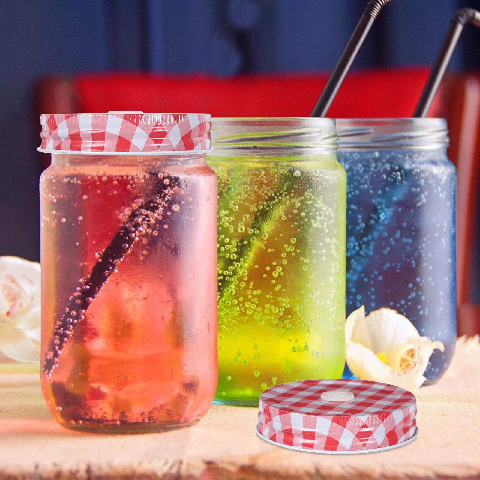 

6Pcs Patterned Mason Jar Lids with Straw Hole Threaded Cup Lids for Beverage Storage Decorative Canning Straw Lid for Mason Jar