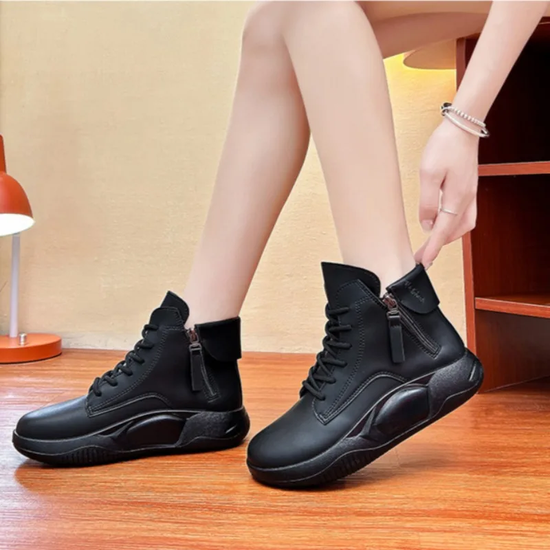 2024 Autumn Korean Style Fashion Women's Casual Shoes High Top Breathable Sneakers Leather Ankle Boots Platform Zip Botas Mujer