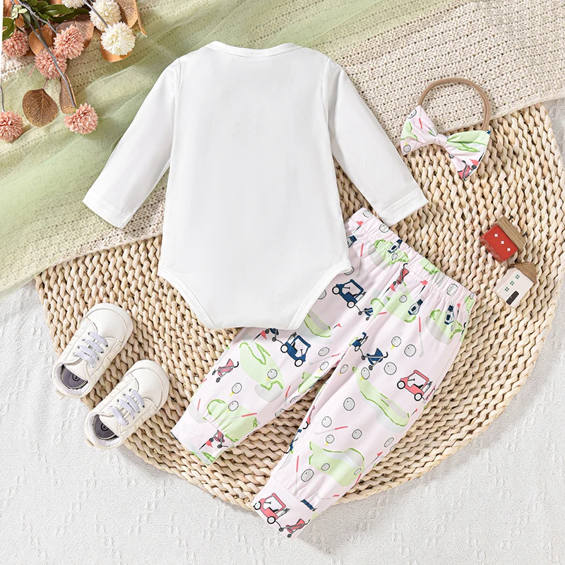 Newborn Baby Boy Girl Summer Outfit Long Sleeve Golf Print Bodysuit Top and Plants Pants 3pcs Clothes Set