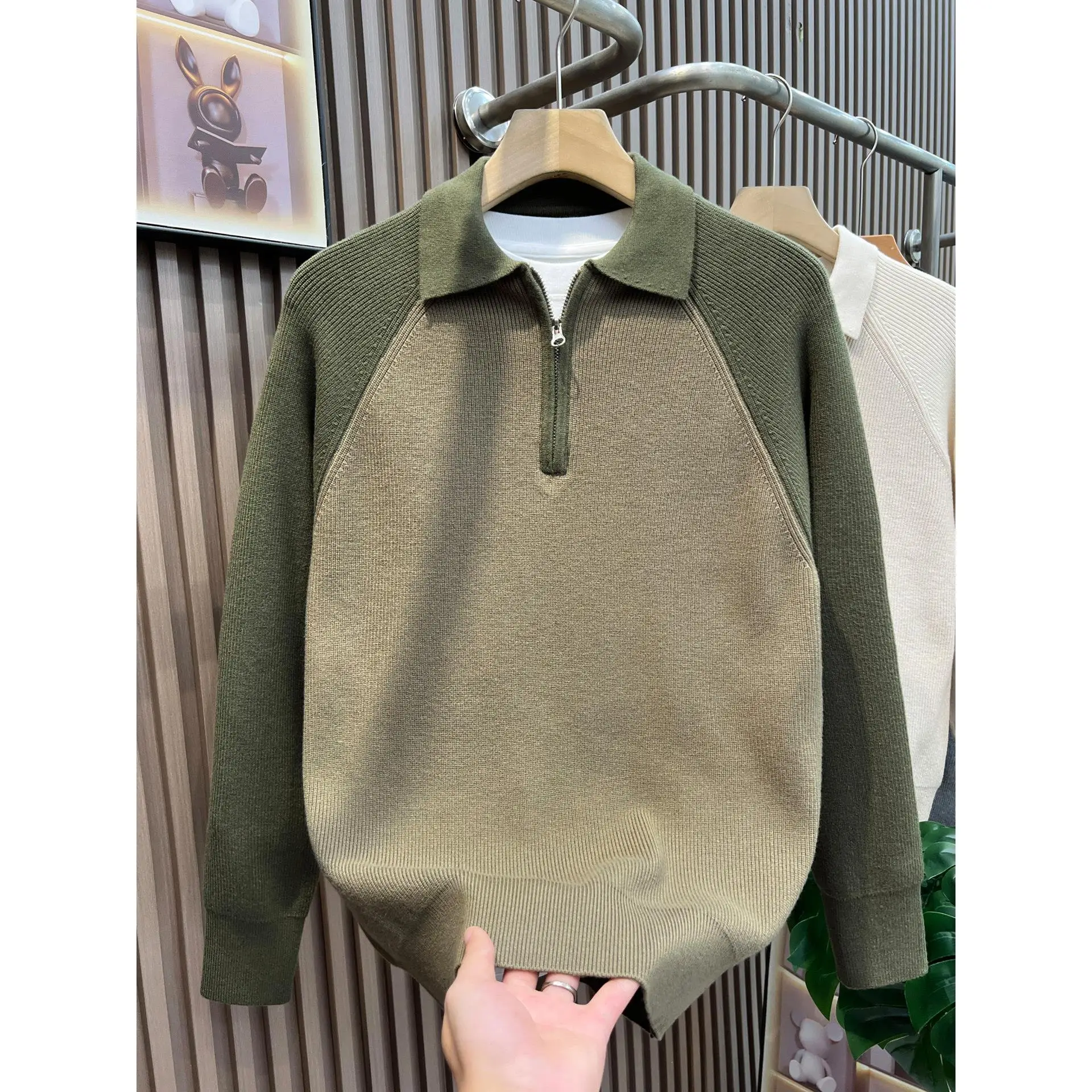 

Мужской повседневный свитер из плотной ткани с высоким воротником на молнии, универсальный, с отложным воротником, в стиле колор-блок, с длинными рукавами