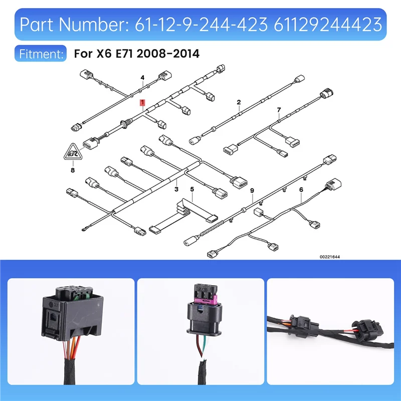 

61129244423 Car Front Bumper PDC Harness Reversing Radar Wiring For BMW X6 E71 2008-2014 Parking Sensor Wiring Harness