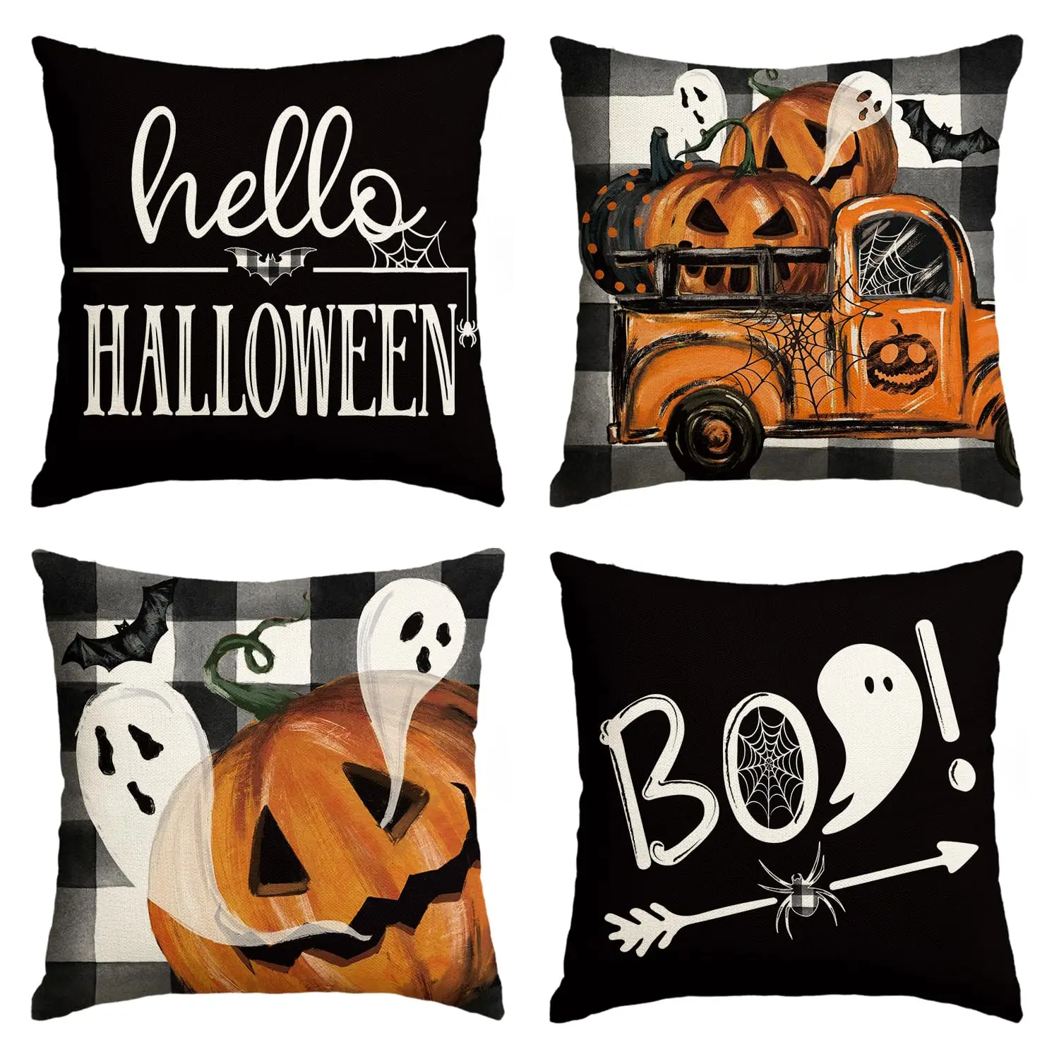 Hello Halloween Boo Ghost Pumpkin Truck Throw Pillow Covers,18 x 18 Inch Spooky Spider Bat Buffalo Plaid Cushion Case Set of 4