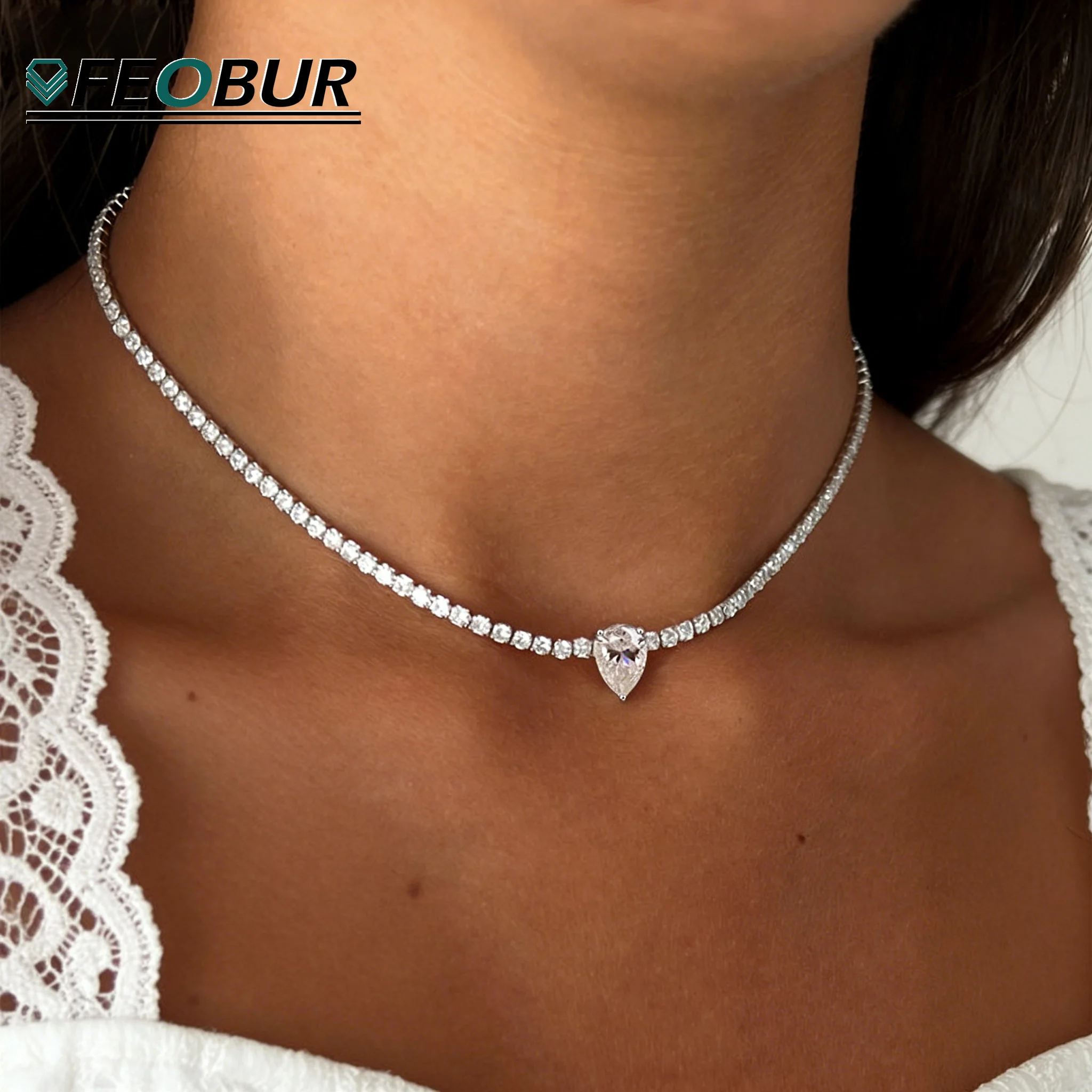 

2mm Full Moissanite Tennis Necklace with Pear Diamond Pendant Adjustable Choker S925 Sterling Silver Chain Women Party Jewelry