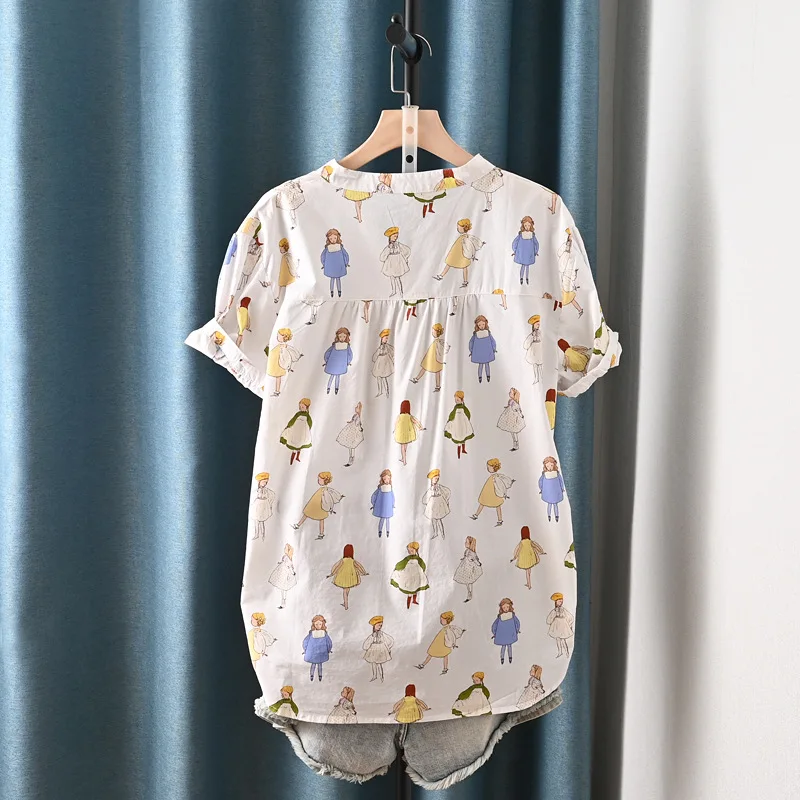 ใหม่2025ฤดูร้อนผ้าฝ้ายแขนสั้นเสื้อผู้หญิงVคอการ์ตูนพิมพ์, Moriสาวสบายๆลดอายุเสื้อหลวมT54041CC
