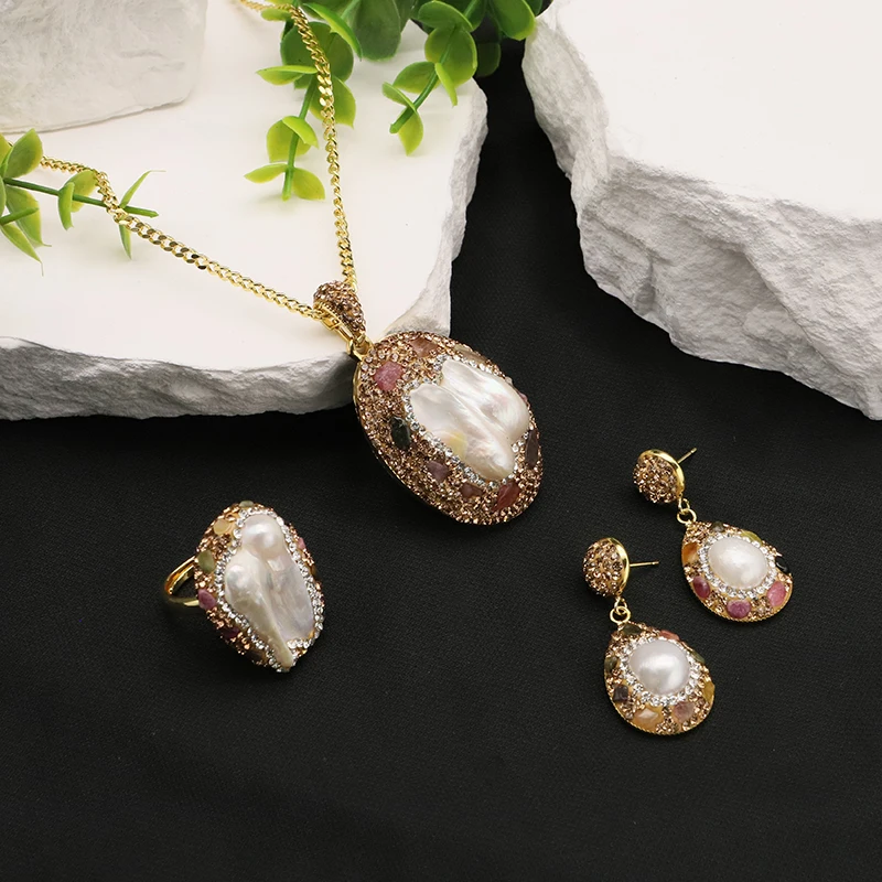 Natural Baroque Pearl Pendant Tourmaline Necklace Earring Ring Elegant Women'S Sets 18K Gold Plated Jewelry For Women Gifts