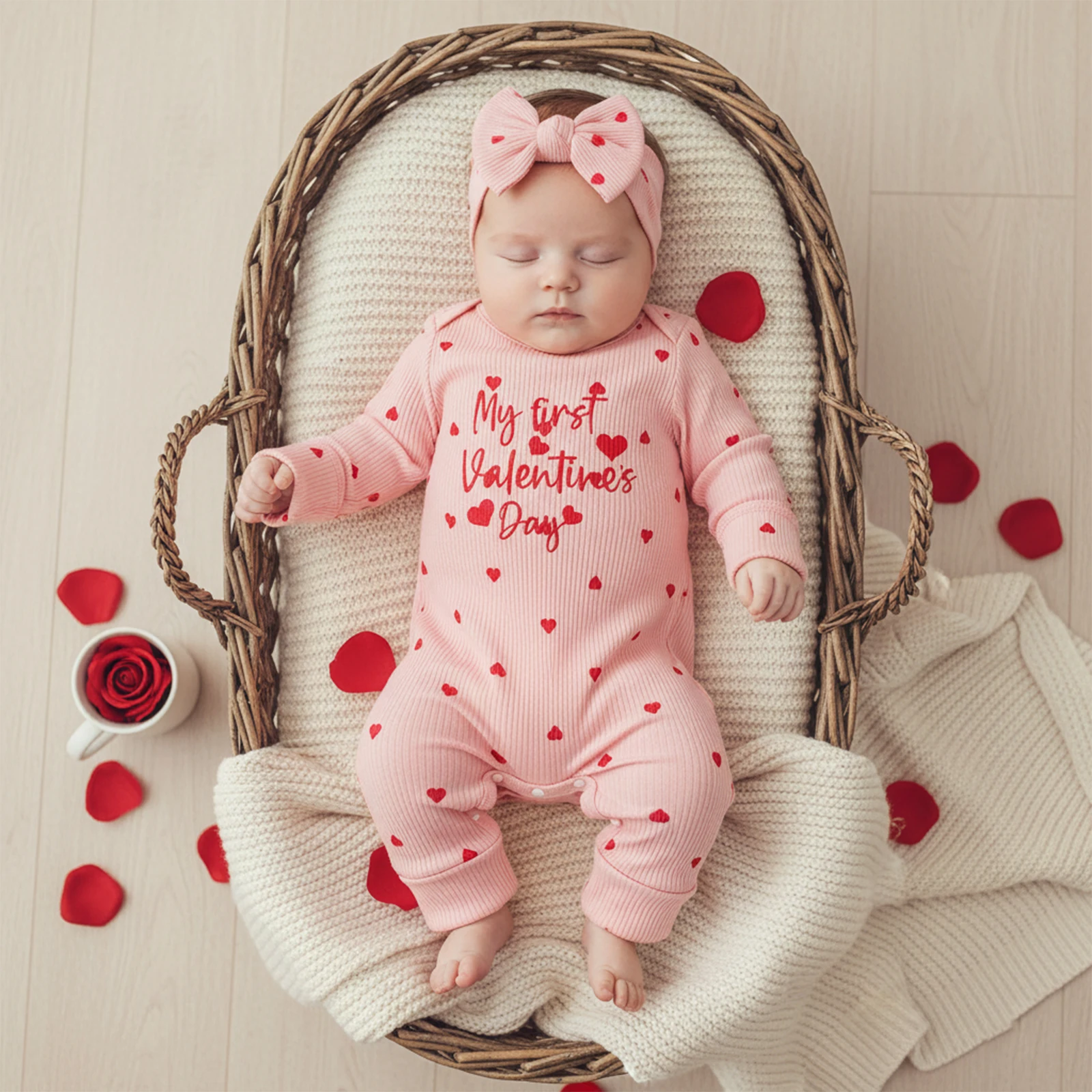 Sweety Baby Girls Valentines Day Romper Cute Letters Heart Printed Long Sleeve Jumpsuit with Headband
