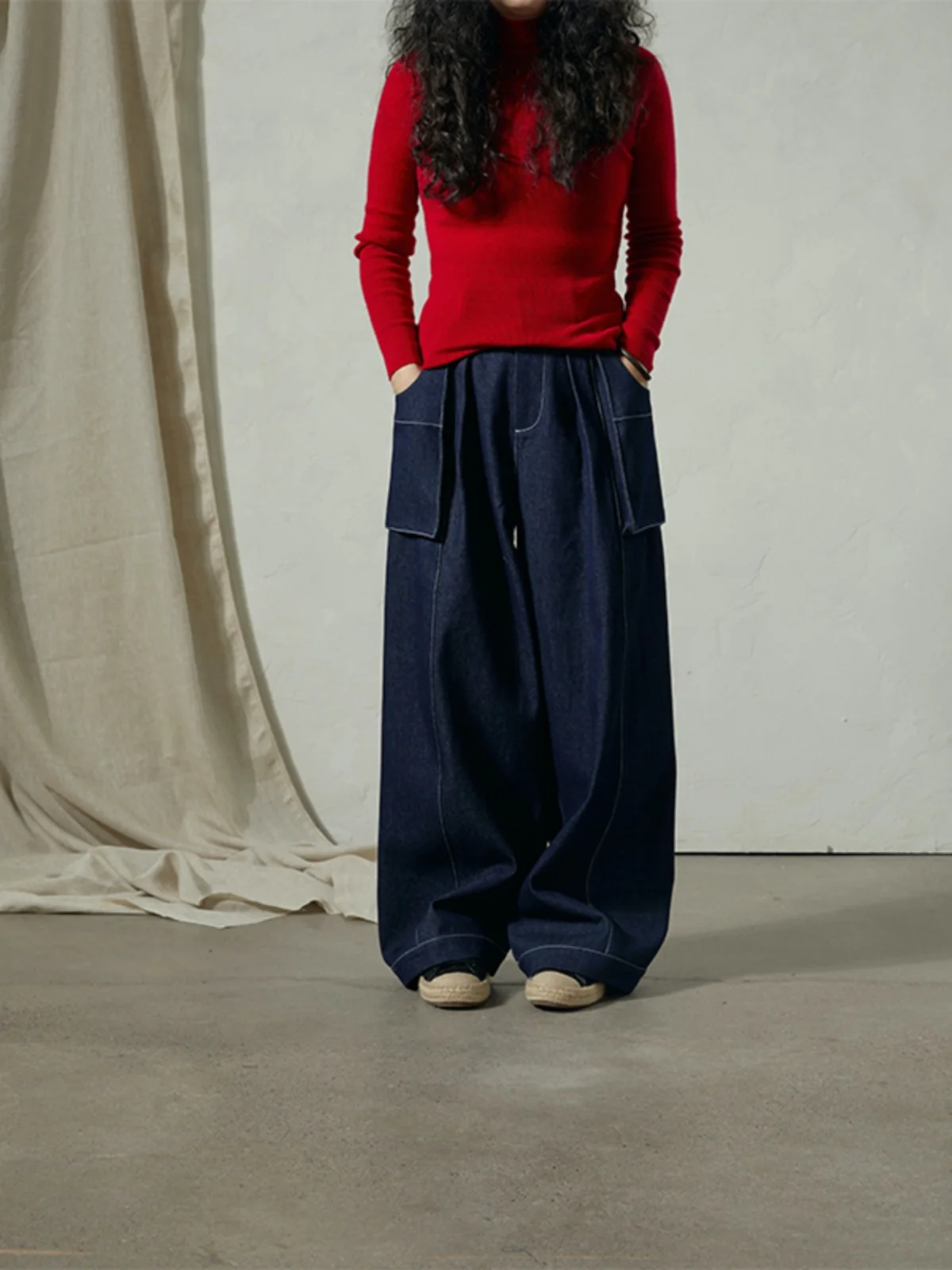 

Tendblank Pure Cotton High Waist Wide Leg Original Color Jeans with Large kets Straight Cut Long Pants Women's Faion