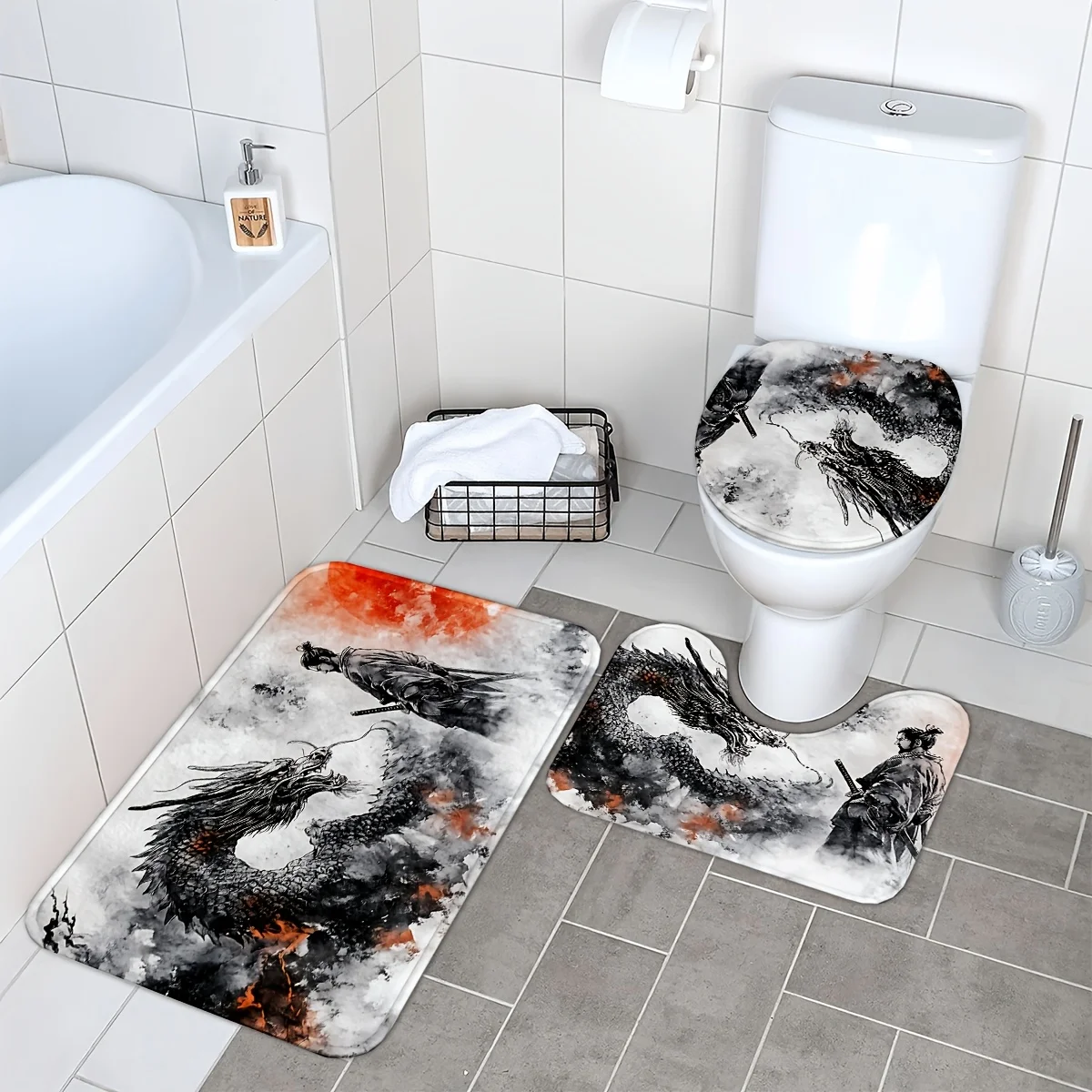 Ink Wash Dragon Bathroom Mat Set, Chinese Style Ink Dragon Cloud Art Print, Soft Cozy Washable