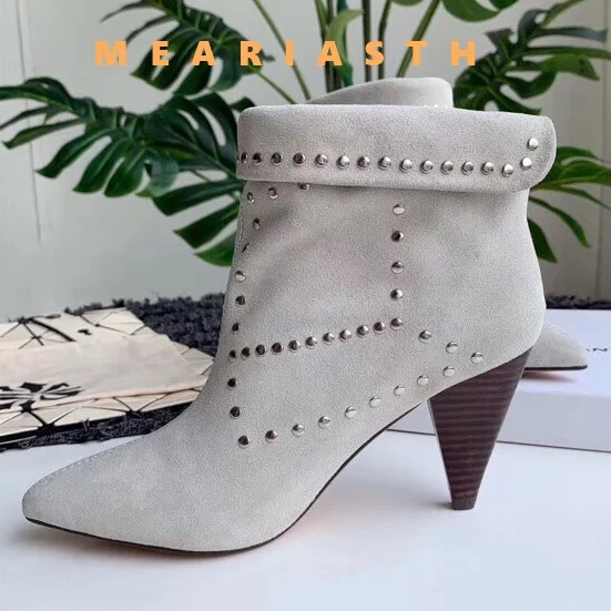 

Spring/Autumn 2025 New Retro suede leather Women's Shoes white black Studded Suede Thin Heel Pointed Toe Booties Knight Boots
