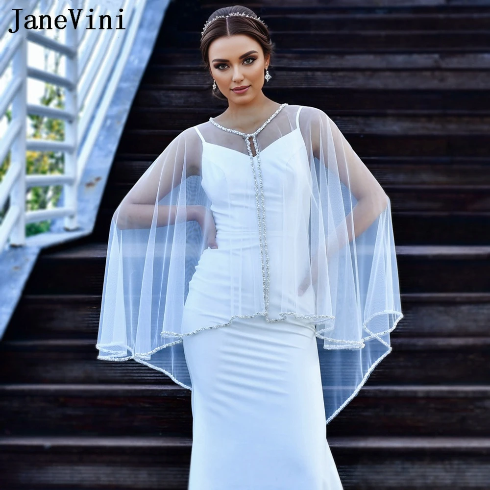 

JaneVini Luxurious Beaded Pearls Women Wedding Cape Bridal Shawl Wrap Shrug Bride Jacket Short Front Long Back Tulle Top Stoles