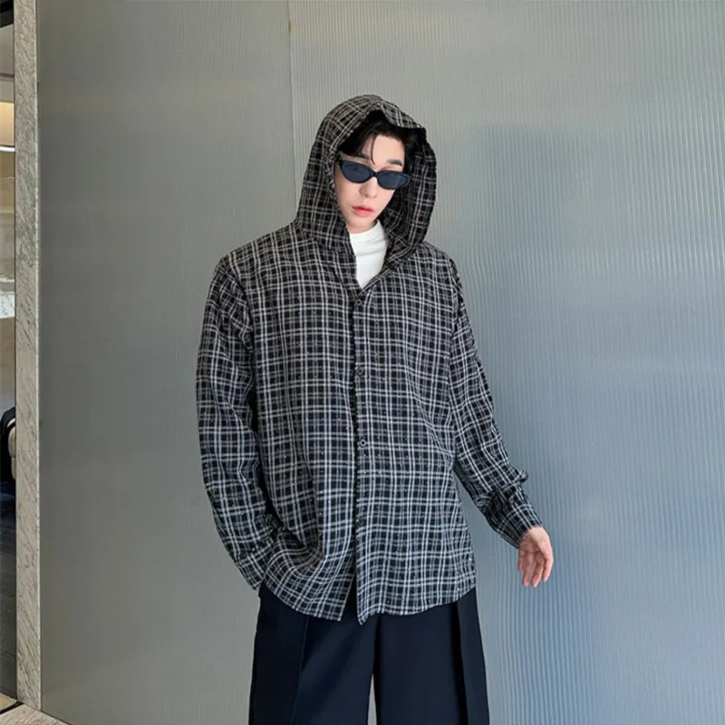 Korean Style Men's Plaid Shirts Hooded Hot fix Rhinestone Overshirt Fashion Long Sleeve Oversized Casual Thin Check Shacket Man