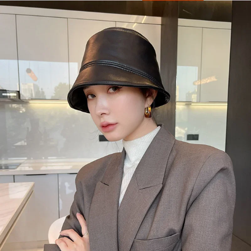 Japanese Niche Designer Retro Genuine Leather Women Bucket Hat Lady Fisherman Cap Gorro Women Cover Face Street  Flat Cap