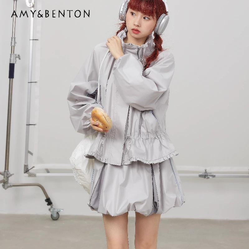 

Spring Autumn New Silver Gray Lace Stand Collar Long Sleeve Women's Coat Loose Slimming Versatile Sweet Cool Sports Suit Ladies