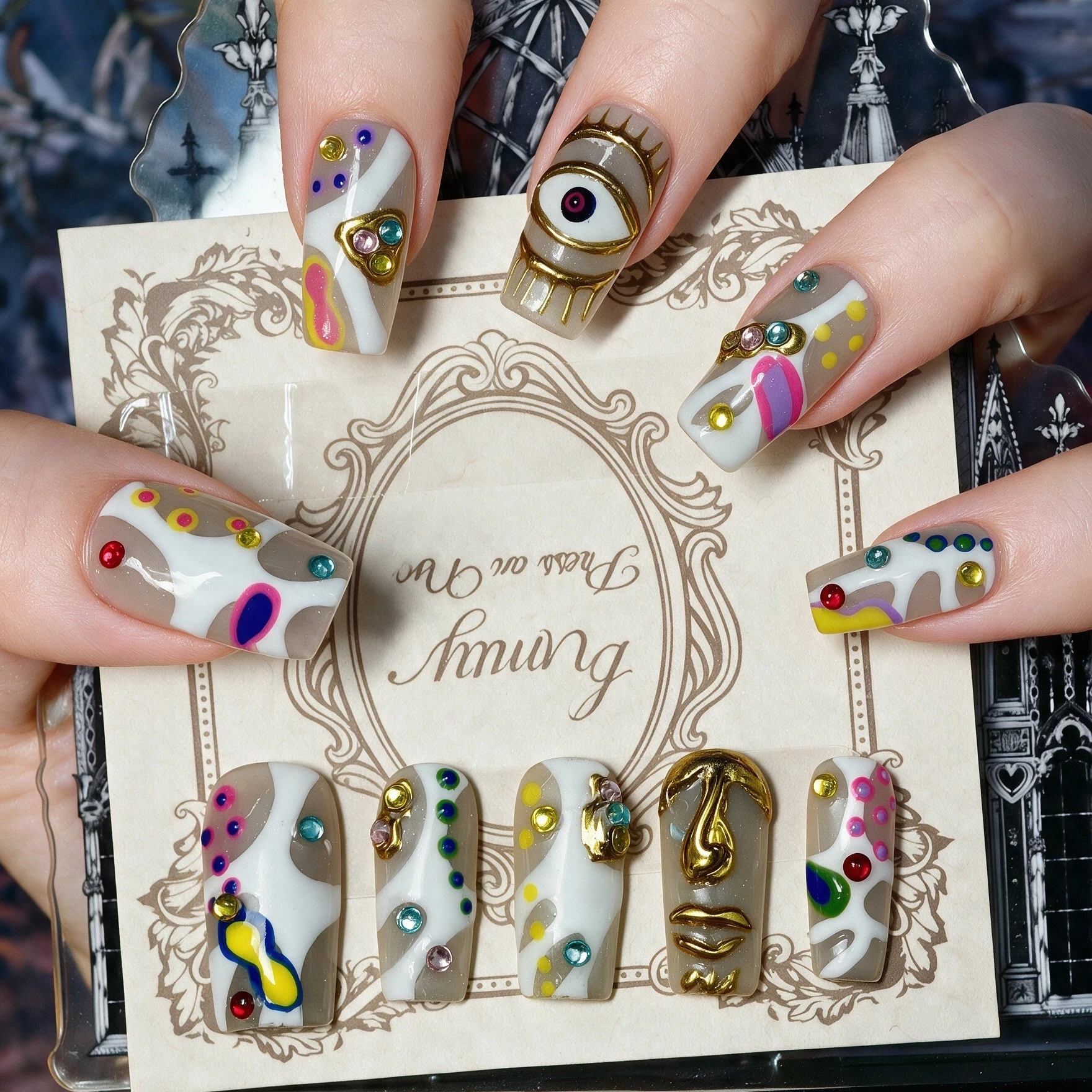 10pcs Square Handmade Press On Nails Medium Length Y2K Fresh Style Colorful Abstract Art Design With 3D Rhinestone Accents Suitable For Summer Parties For Women