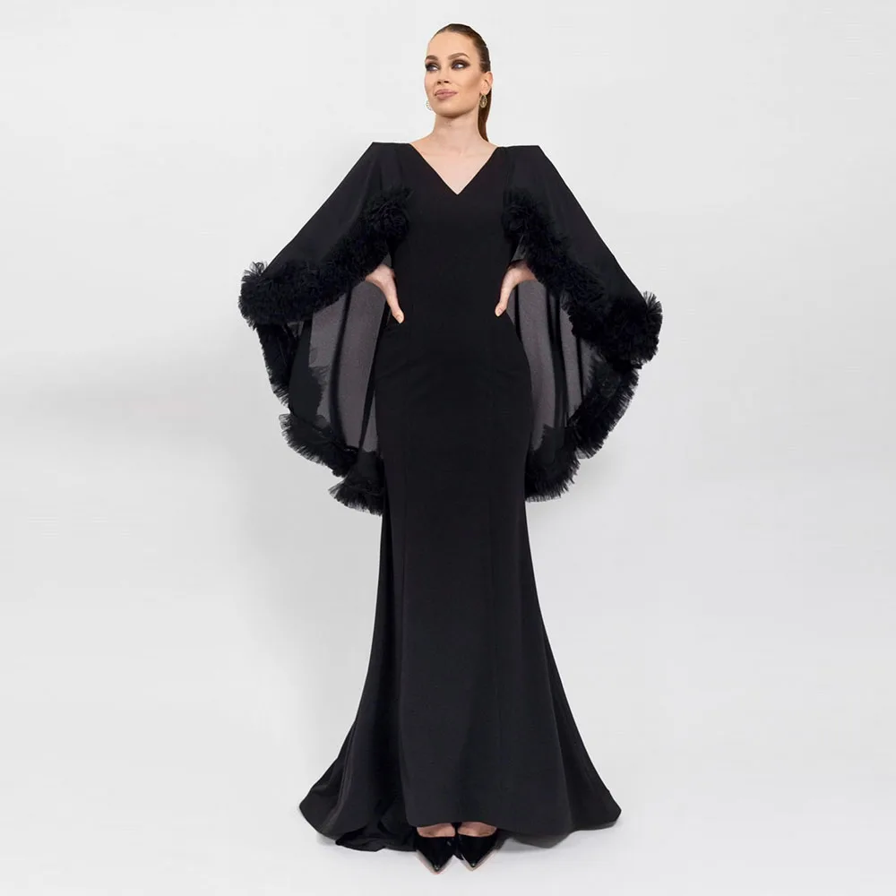 

Customized Black Saudi Dress Jersey Mermaid Long Sleeves Floor Length Evening Dresses V Neck Party Dress With Shawl