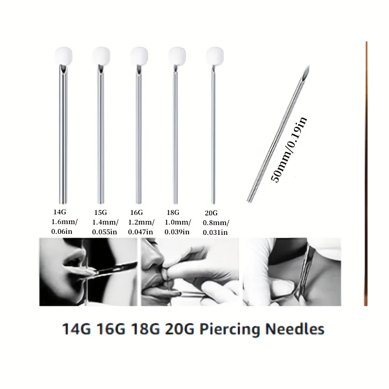 Ago per piercing monouso sterile per il corpo 0,8/1 /1,2/1,4/1,6 mm in acciaio inossidabile per strumenti per piercing al sopracciglio, naso, pancia, lingua