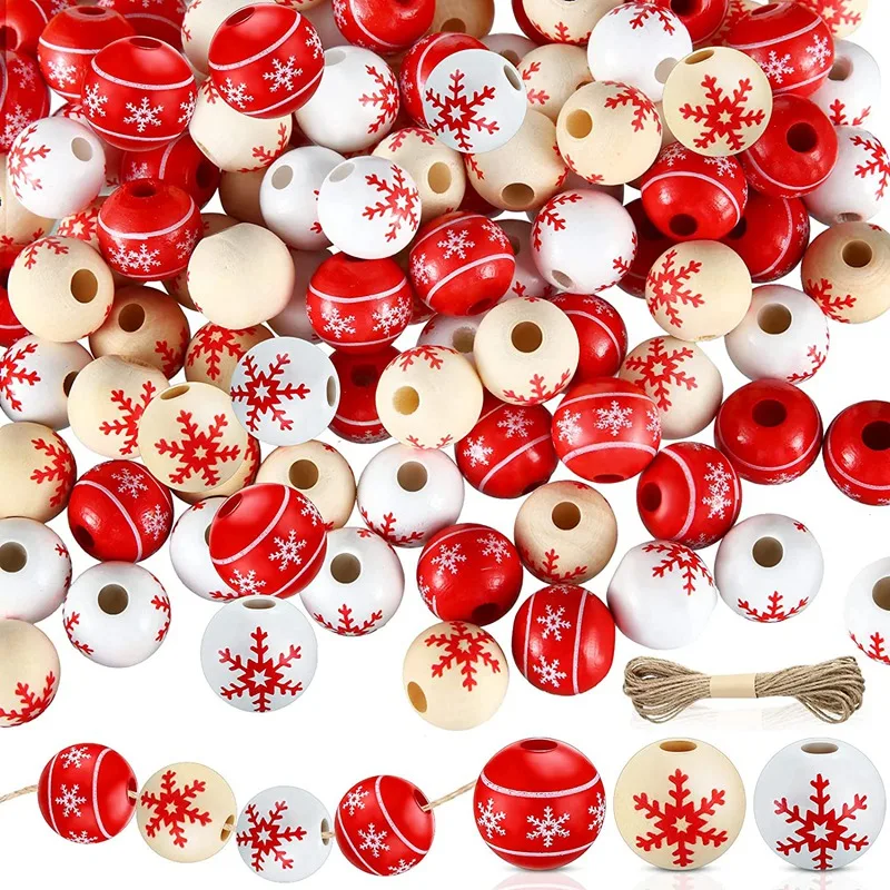 150Pcs Wooden Bead Christmas Snowflake Wood Round Bead With Rope Polished Spacer Bead Wood Ball For Christmas Tree DIY