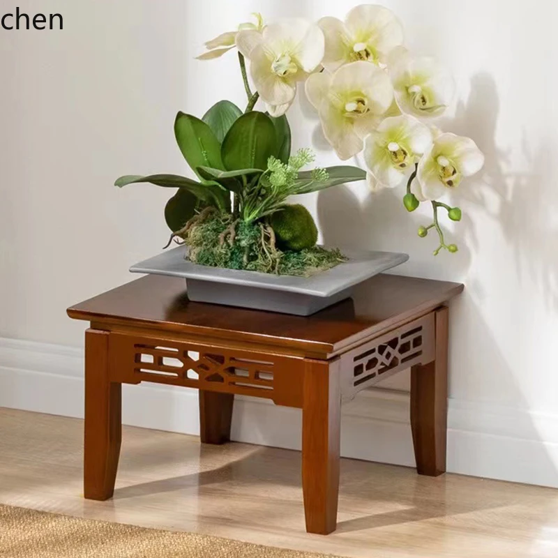 HT الخشب الصلب طاولة مربعة صغيرة غرفة المعيشة طاولة القهوة أريكة طاولة جانبية صغيرة مربعة بسيطة رف أحواض زهور #5