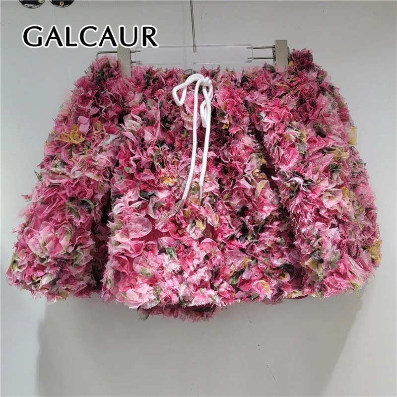 

GALCAUR Pink Spliced 3D Flower Elegant Mini Skirts for Women High Waist Patchwork Fungus Folds Skirt Female Fashion Clothing New