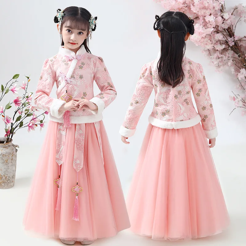 

Winter Chinese Lovley Girls Tang Suit Kids New Years Dress Ancient Hanfu Children Embroidery Cotton-padded Clothes