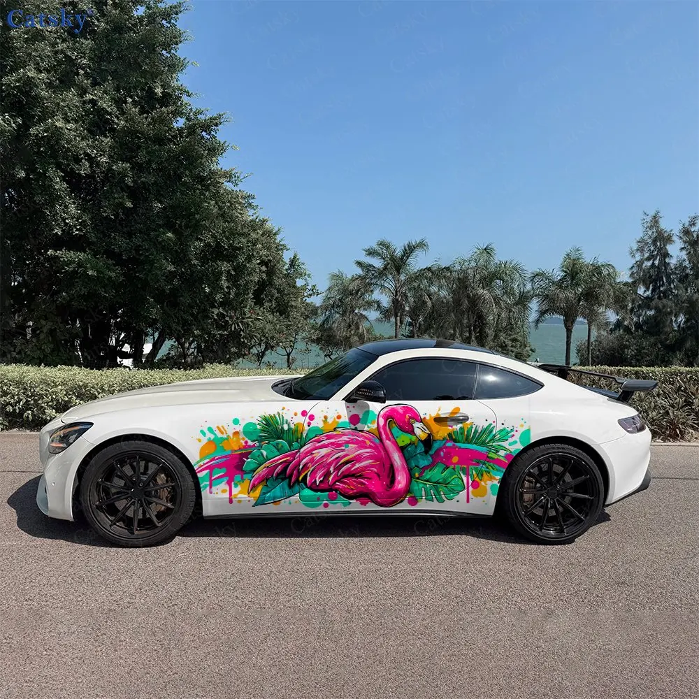 

2pcs Graffiti Flamingo Car Decal Full Body Floral Decoration Covering Scratches Protect Car Decal Waterproof Car Vinyl Wraps