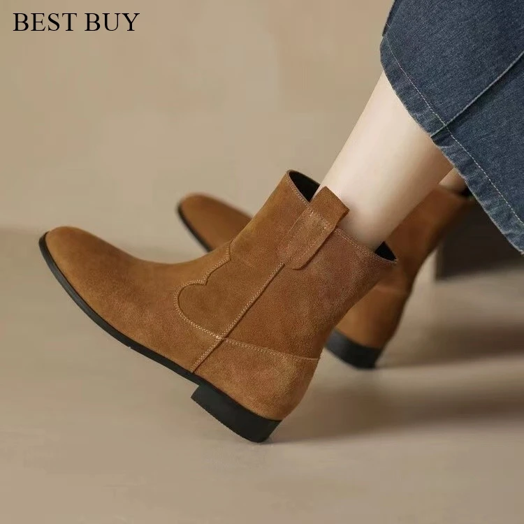 

Suede Leather Womens Ankle Boots Pointed Toe Pull On Vintage Roma ankle cowboy Boots For Woman Slouch Casual Flat Shoes