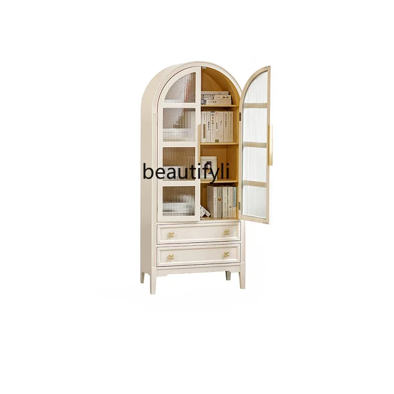 

French Arch with Glass Door Storage Bookcase Living Room Study High Bookshelf Cream Style Display Cabinet