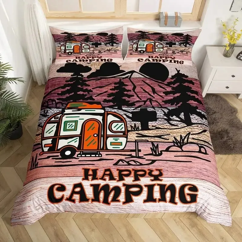 

Happy Camping Bedding Set Camper Car Duvet Cover King Queen Microfiber Smoky Mountain Wood Print Quilt Cover Set For Girls Boys