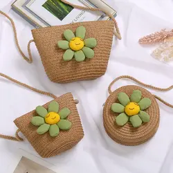 Girl Flower Straw Bag Cute Zipper Coin Purse Crossbody Handbag Handmade Woven Photo Props Kid Beach Bags