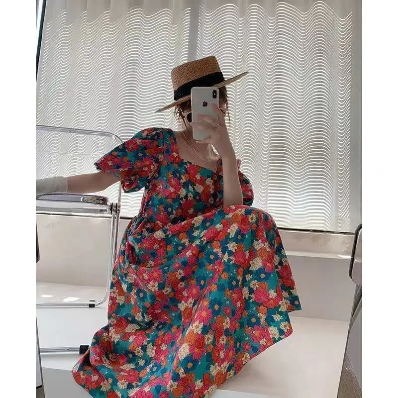 Korejpaa Beach Dress Elegant Square Collar Backless Oil Painting Floral Summer Dresses Elegant Slim High Waist Vestidos Femme