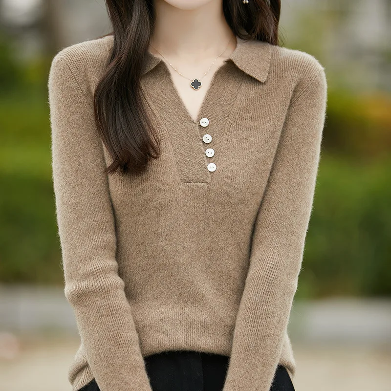 lapel slimming Korean style women's knitted bottoming 24 autumn and winter New wool pullover sweater