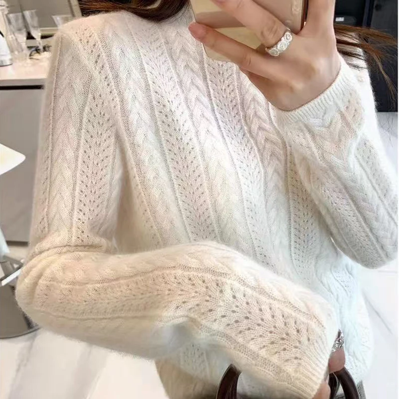 

2026 French Style Half High Neck Sweater Women Spring/Autumn Sexy Hollow Out Long Sleeves Knitted Pure Wool Soft Pullover