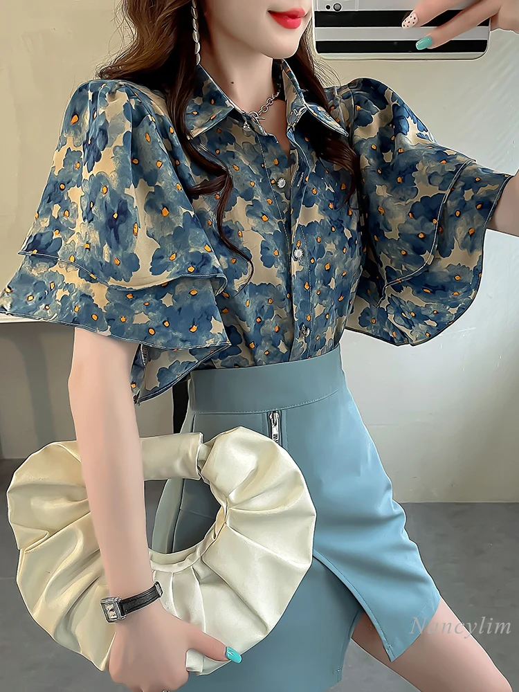 Design Ruffled Sleeve Floral Top Women's New Short Sleeve Sweet Blue Blouse Summer Loose Flower Shirt Buttons Shirts 2024