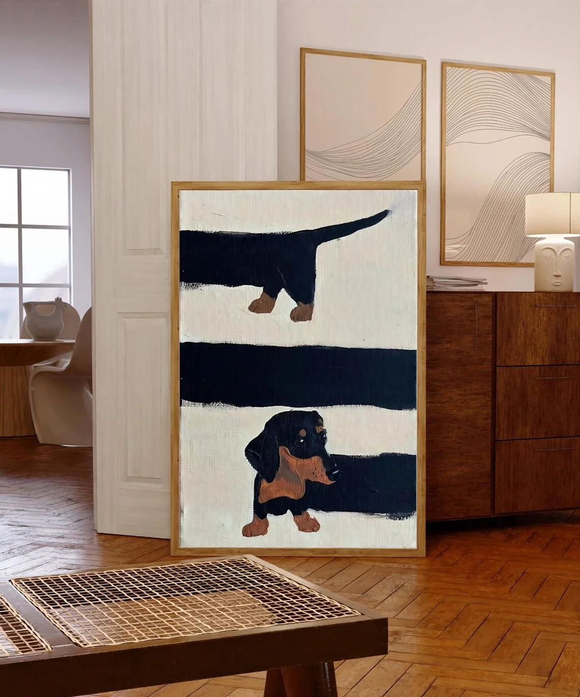 Arte de Parede Divertida Estilo Meio Século com Cães - Impressão Texturizada Impasto de Dachshunds Curiosos, Combinando Linhas Geométricas Limpas com Tons Terrosos Quentes