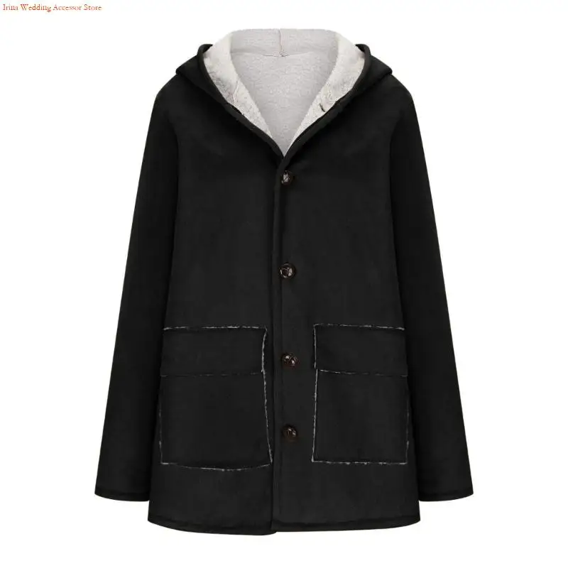 G92D معطف مبطن للنساء شتوي بأزرار سفلية وأكمام طويلة وسترات بغطاء للرأس مع جيب #3