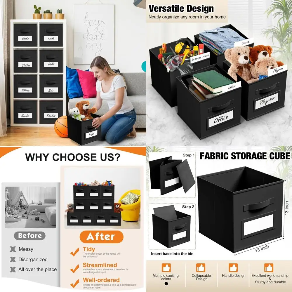 

Складные тканевые контейнеры для хранения (13 шт.) с этикетками-окнами для организации одежды, книг и игрушек (черные)