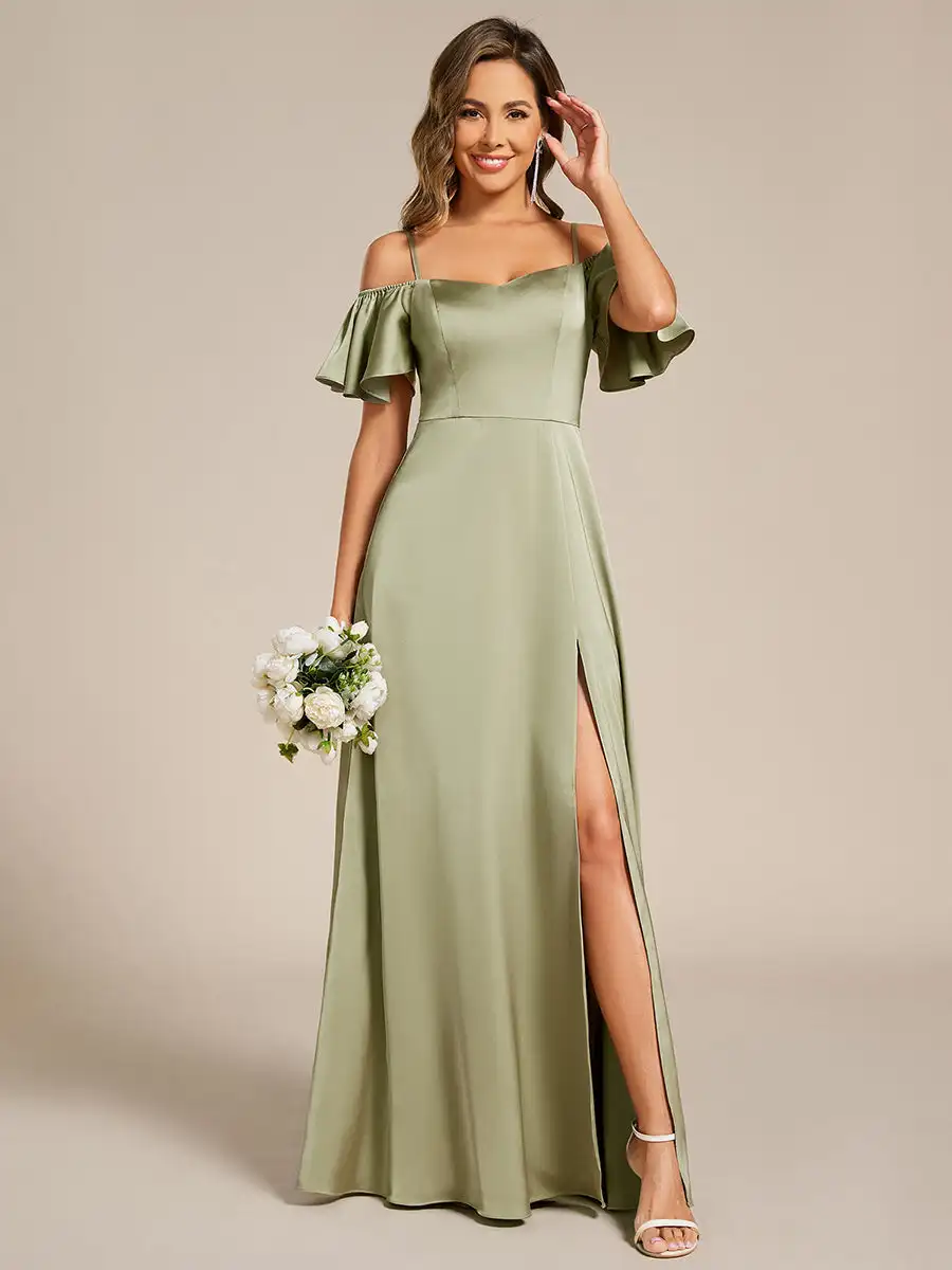 

Elegant Evening Dress Short Sleeve Off Shoulder Ruffle Floor-Length 2025 Ever Pretty of A-Line Sage Green Bridesmaid Dress