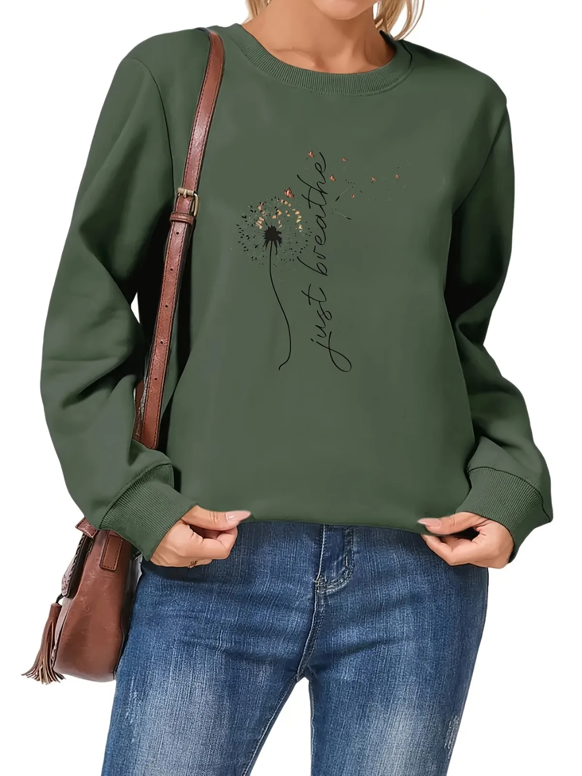 Damska bluza z nadrukiem w stylu casual z napisem "Just Breathe", wygodna bluza z okrągłym dekoltem, idealna na prezenty świąteczne.