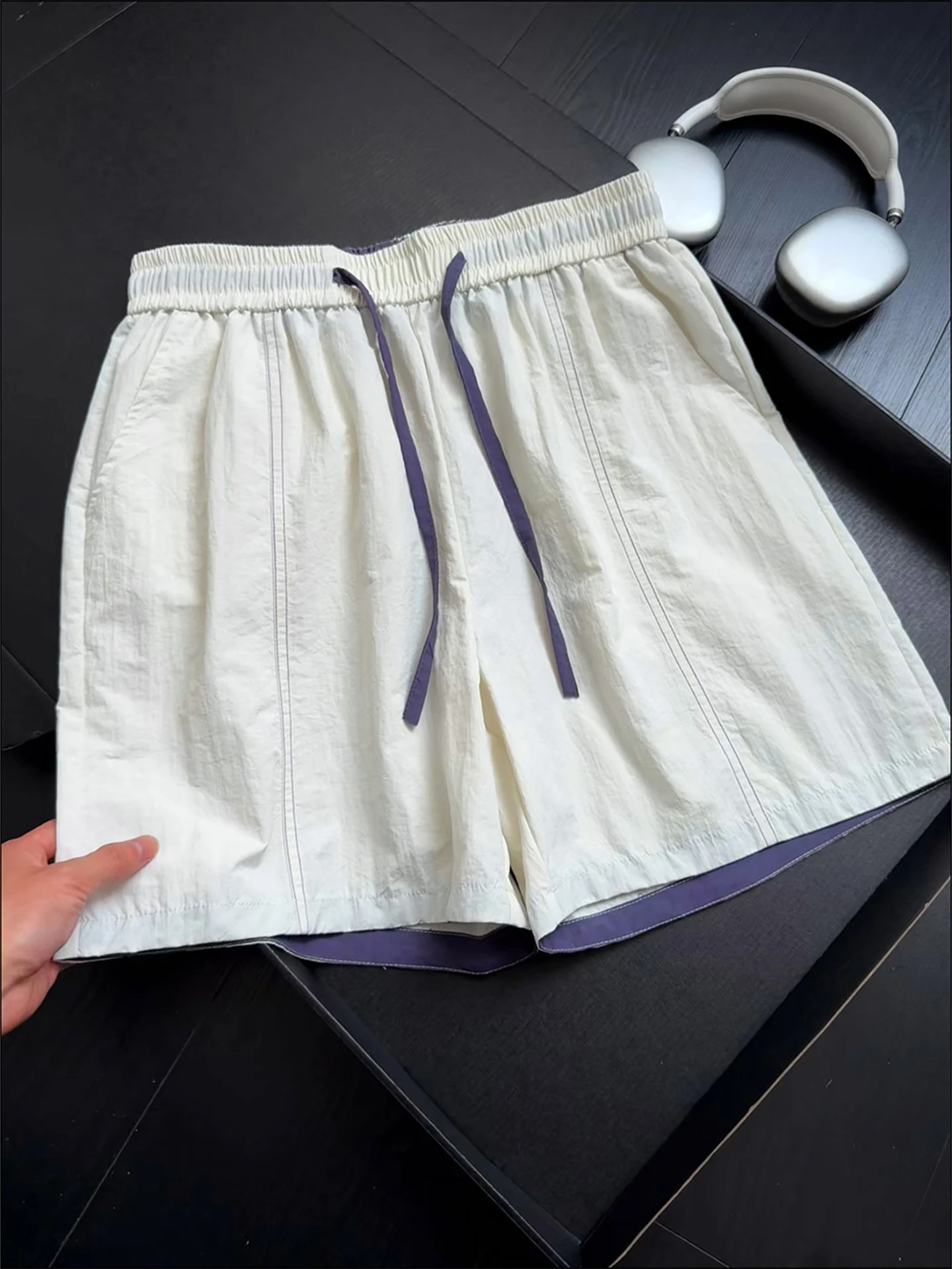 White Contrast Color  Quick Dry Short Pants Men's Lightweight Summer Sports Loose Casual Drawstring 5-Quarter Pockets
