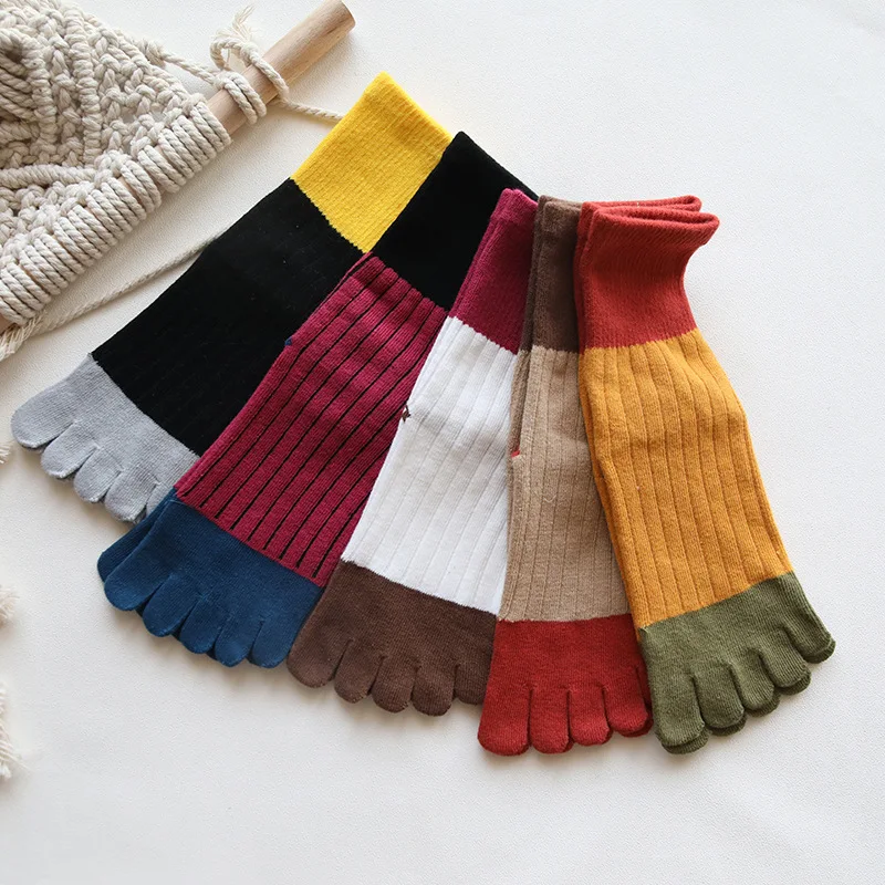 5 Pairs Five-finger Socks Women Cotton Medium Tube Autumn and Winter Sweat-absorbing Color Matching Striped 5 Toe Socks